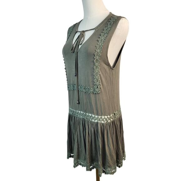 NEW POL Small Olive Tunic Top Cotton Blend Crochet Lace Eyelet Peplum Tie Neck - Picture 5 of 16